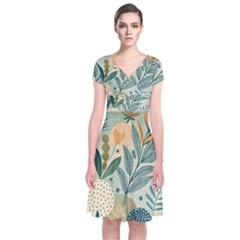 Leaves Pattern Flora Nature Short Sleeve Front Wrap Dress