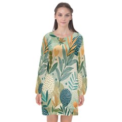 Leaves Pattern Flora Nature Long Sleeve Chiffon Shift Dress 