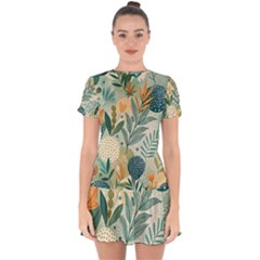 Leaves Pattern Flora Nature Drop Hem Mini Chiffon Dress