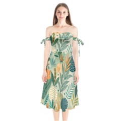 Leaves Pattern Flora Nature Shoulder Tie Bardot Midi Dress