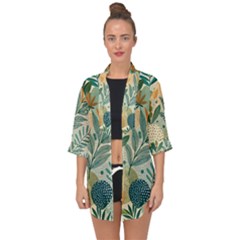 Leaves Pattern Flora Nature Open Front Chiffon Kimono by Posterlux