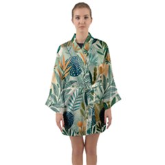 Leaves Pattern Flora Nature Long Sleeve Satin Kimono