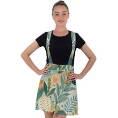 Leaves Pattern Flora Nature Velvet Suspender Skater Skirt