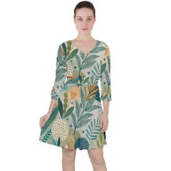 Leaves Pattern Flora Nature Quarter Sleeve Ruffle Waist Dress