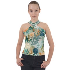 Leaves Pattern Flora Nature Cross Neck Velour Top