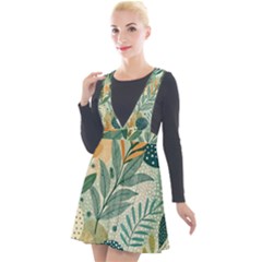 Leaves Pattern Flora Nature Plunge Pinafore Velour Dress