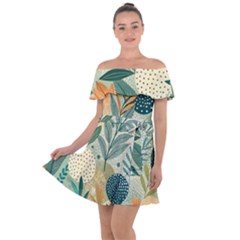 Leaves Pattern Flora Nature Off Shoulder Velour Dress by Posterlux