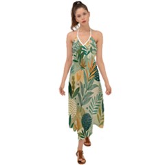 Leaves Pattern Flora Nature Halter Tie Back Dress 