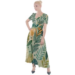 Leaves Pattern Flora Nature Button Up Short Sleeve Maxi Dress by Posterlux