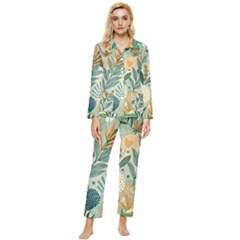 Leaves Pattern Flora Nature Womens  Long Sleeve Velvet Pocket Pajamas Set