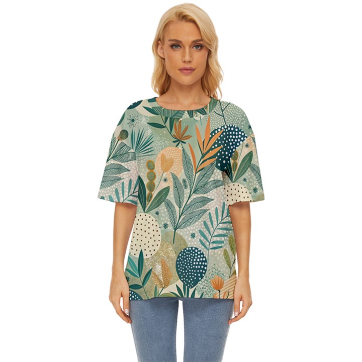 Leaves Pattern Flora Nature Oversized Basic T-Shirt