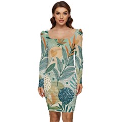 Leaves Pattern Flora Nature Women Long Sleeve Ruched Stretch Jersey Dress