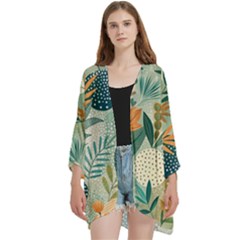 Leaves Pattern Flora Nature Open Front 3/4 Sleeve Batwing Chiffon Cardigan Kimono