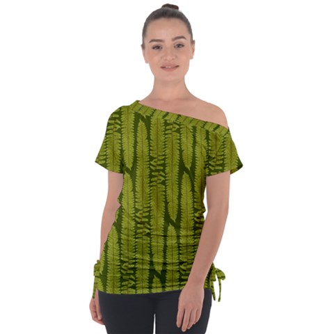 Fern Texture Nature Leaves Off Shoulder Tie-up T-shirt by Posterlux