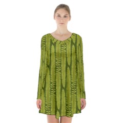 Fern Texture Nature Leaves Long Sleeve Velvet V-neck Dress