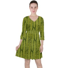 Fern Texture Nature Leaves Quarter Sleeve Ruffle Waist Dress