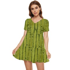 Fern Texture Nature Leaves Tiered Short Sleeve Babydoll Dress