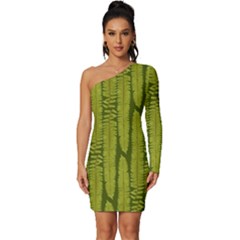 Fern Texture Nature Leaves Long Sleeve One Shoulder Mini Dress by Posterlux