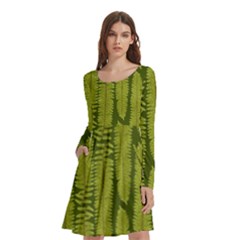 Fern Texture Nature Leaves Long Sleeve Knee Length Skater Dress With Pockets by Posterlux