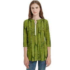 Fern Texture Nature Leaves Women s Zip Front V-neck 3/4 Sleeve Casual Top Pocket Shirt