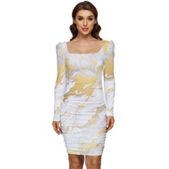 Marble Pattern Women Long Sleeve Ruched Stretch Jersey Dress