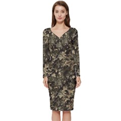 Camouflage Army Survival Uniform Long Sleeve V-neck Bodycon Dress  by Posterlux