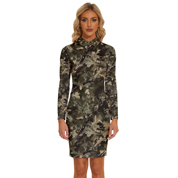 Camouflage Army Survival Uniform Long Sleeve Shirt Collar Bodycon Dress