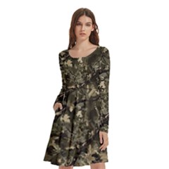 Camouflage Army Survival Uniform Long Sleeve Knee Length Skater Dress With Pockets