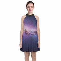 Cosmic Dreamscape Print (ai) Black Backgrond Velvet Halter Neckline Dress  by dflcprintsclothing