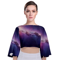 Cosmic Dreamscape Print (ai) Black Backgrond Tie Back Butterfly Sleeve Chiffon Top by dflcprintsclothing