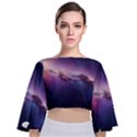 Cosmic Dreamscape Print (ai) Black Backgrond Tie Back Butterfly Sleeve Chiffon Top View1