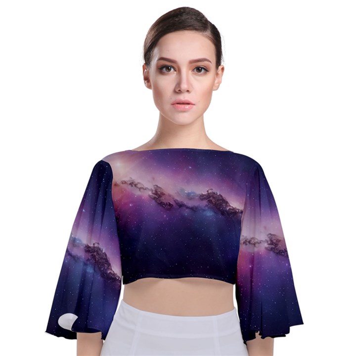 Cosmic Dreamscape Print (ai) Black Backgrond Tie Back Butterfly Sleeve Chiffon Top