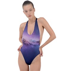 Cosmic Dreamscape Print (ai) Black Backgrond Backless Halter One Piece Swimsuit by dflcprintsclothing