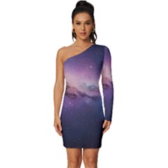 Cosmic Dreamscape Print (ai) Black Backgrond Long Sleeve One Shoulder Mini Dress by dflcprintsclothing