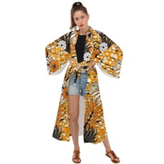 Leaf Yellow Point Flower White Maxi Kimono by Grandong