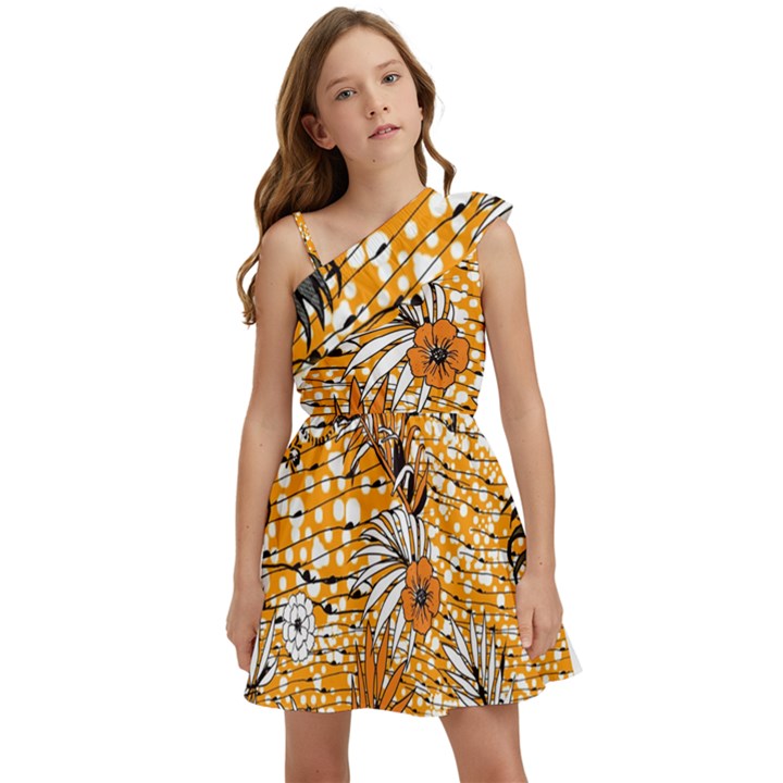 Leaf Yellow Point Flower White Kids  One Shoulder Party Dress