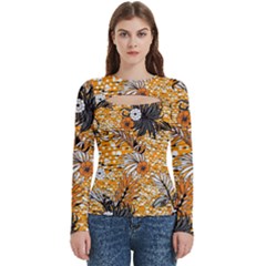 Leaf Yellow Point Flower White Women s Cut Out Long Sleeve T-shirt by Grandong