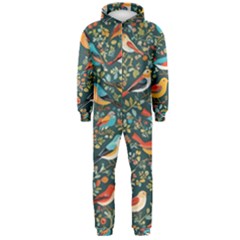 Birds Pattern Flowers Whimsical Hooded Jumpsuit (men)