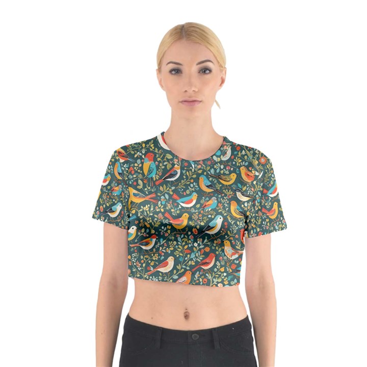 Birds Pattern Flowers Whimsical Cotton Crop Top