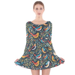 Birds Pattern Flowers Whimsical Long Sleeve Velvet Skater Dress