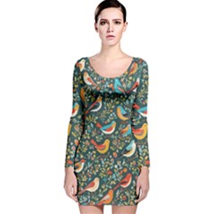 Birds Pattern Flowers Whimsical Long Sleeve Velvet Bodycon Dress