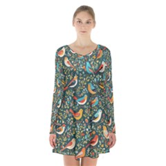 Birds Pattern Flowers Whimsical Long Sleeve Velvet V-neck Dress