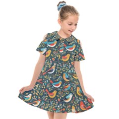 Birds Pattern Flowers Whimsical Kids  Short Sleeve Shirt Dress by Salmanaz77