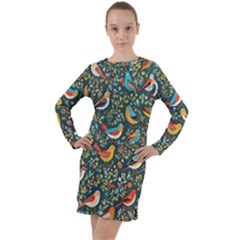 Birds Pattern Flowers Whimsical Long Sleeve Hoodie Dress