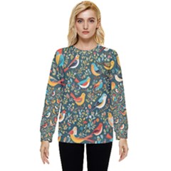 Birds Pattern Flowers Whimsical Hidden Pocket Sweatshirt