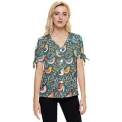 Birds Pattern Flowers Whimsical Bow Sleeve Button Up Top by Salmanaz77