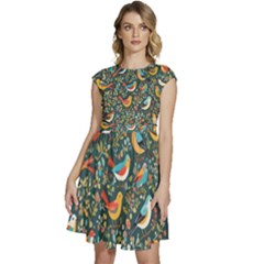 Birds Pattern Flowers Whimsical Cap Sleeve High Waist Dress