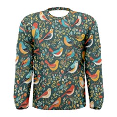 Birds Pattern Flowers Whimsical Men s Long Sleeve T-shirt