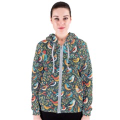 Birds Pattern Flowers Whimsical Women s Zipper Hoodie