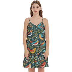 Birds Pattern Flowers Whimsical Mini Camis Dress With Pockets